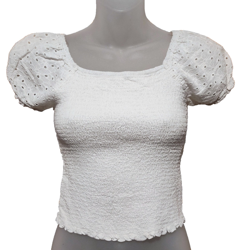 Art Class Women’s White Puff Sleeve Smocked Crop Top Size L (10/12) BG37